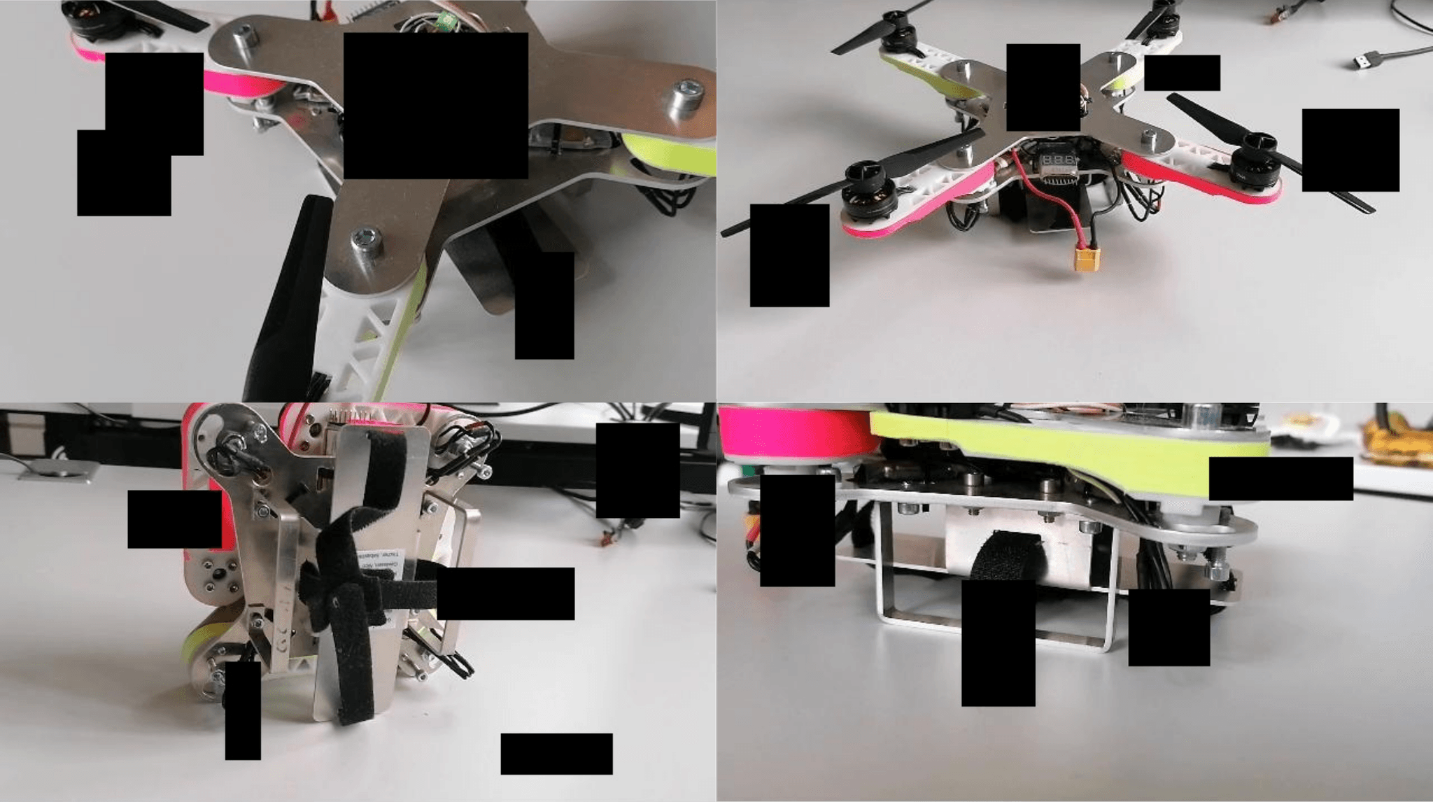 Real-world test images of the quadcopter assembly with artificial occlusions simulating partial cover of components