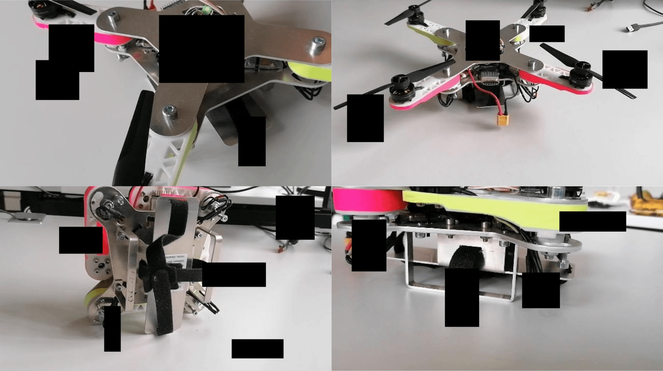 Real-world test images of the quadcopter assembly with artificial occlusions simulating partial cover of components